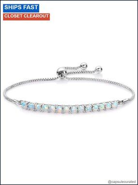 18k White Gold Opal Bracelet Adjustable Link Charm Fashion Jewelry Gift for Her